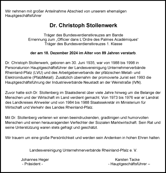 Traueranzeige von Christoph Stollenwerk von Allgemeine Zeitung Mainz