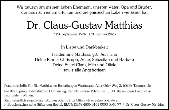 Traueranzeige von Claus-Gustav Matthias von Wiesbadener Kurier