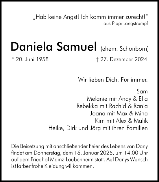 Traueranzeige von Daniela Samuel von Allgemeine Zeitung Mainz