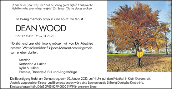 Traueranzeige von Dean Wood von Groß-Gerauer Echo