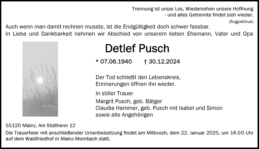  Traueranzeige für Detlef Pusch vom 11.01.2025 aus Allgemeine Zeitung Mainz