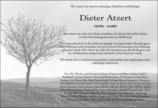 Traueranzeige von Dieter Atzert von Wiesbadener Kurier