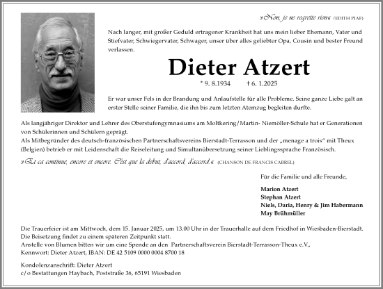 Traueranzeige von Dieter Atzert von Wiesbadener Kurier