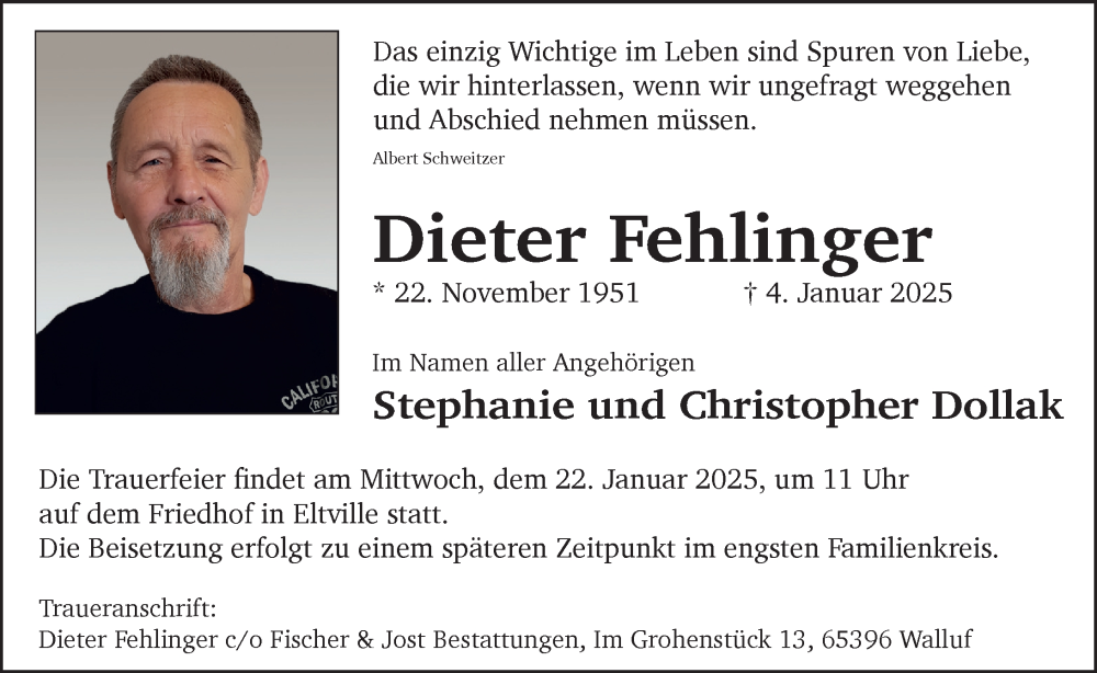  Traueranzeige für Dieter Fehlinger vom 18.01.2025 aus Rheingau Kurier