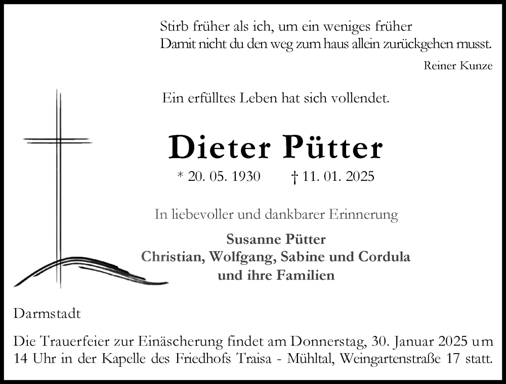  Traueranzeige für Dieter Pütter vom 25.01.2025 aus Darmstädter Echo