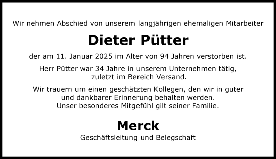 Traueranzeige von Dieter Pütter von Darmstädter Echo