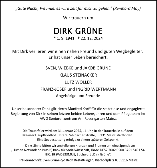 Traueranzeige von Dirk Grüne von Allgemeine Zeitung Mainz