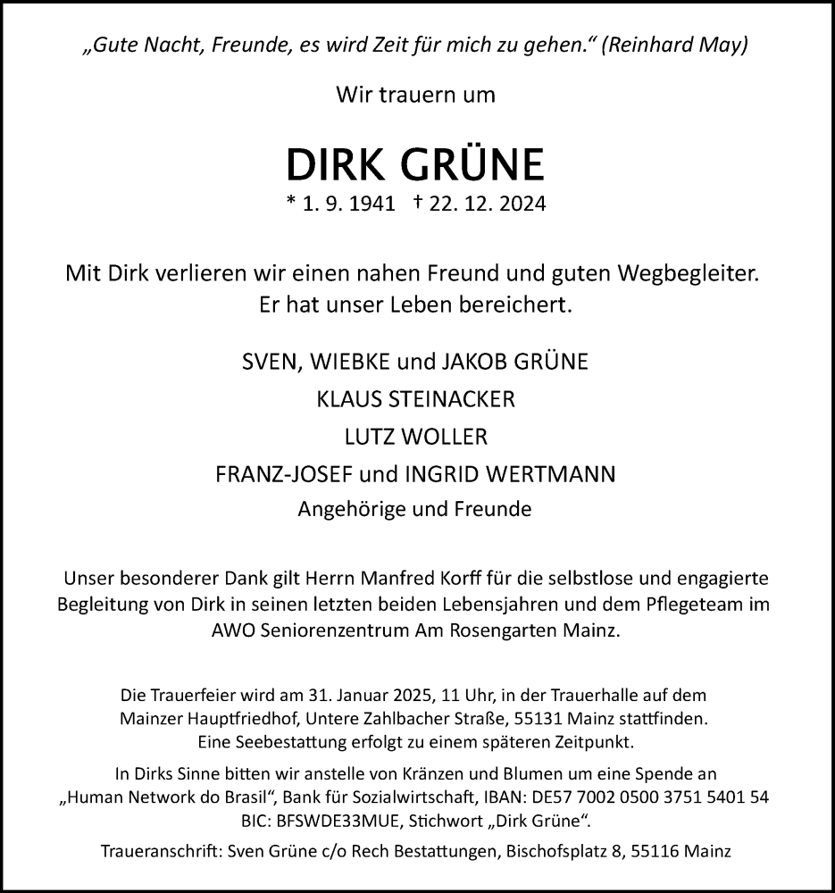  Traueranzeige für Dirk Grüne vom 18.01.2025 aus Allgemeine Zeitung Mainz