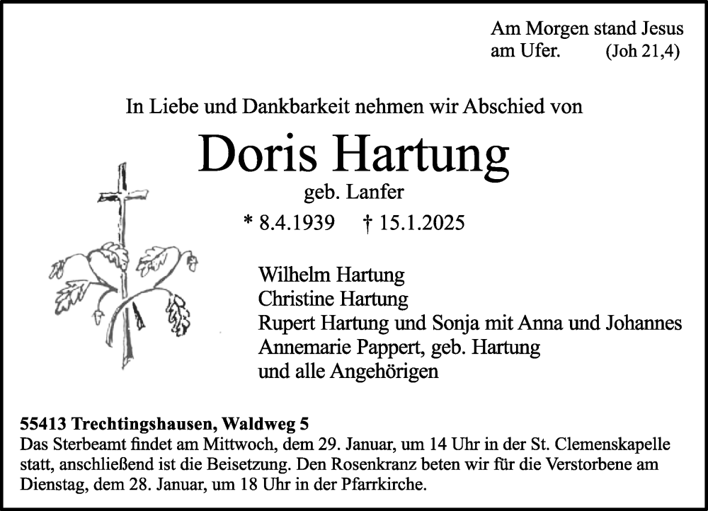  Traueranzeige für Doris Hartung vom 25.01.2025 aus Allgemeine Zeitung Rheinhessen-Nahe