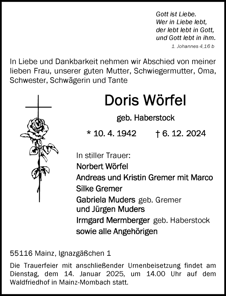  Traueranzeige für Doris Wörfel vom 04.01.2025 aus Allgemeine Zeitung Mainz