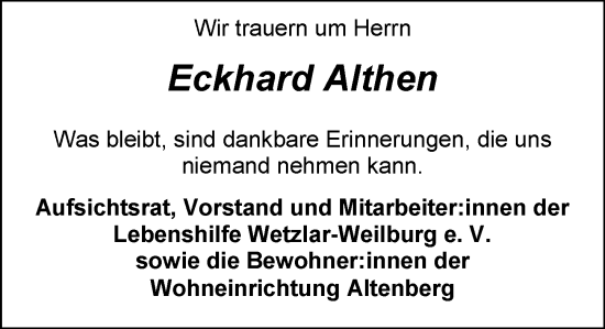 Traueranzeige von Eckhard Althen von Weilburger Tageblatt
