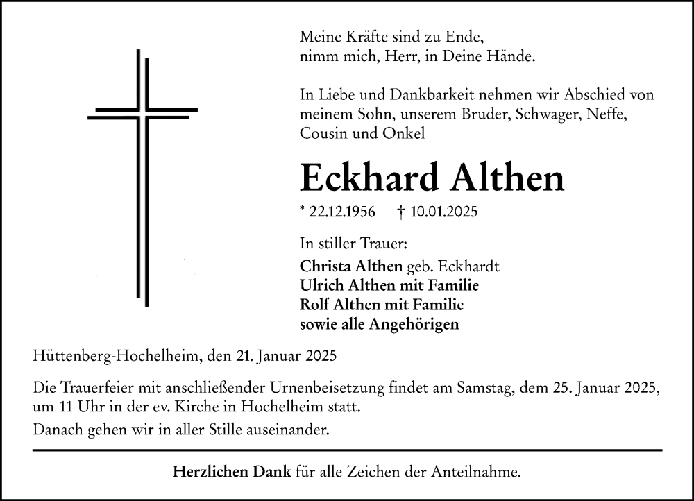 Traueranzeige für Eckhard Althen vom 21.01.2025 aus Wetzlarer Neue Zeitung