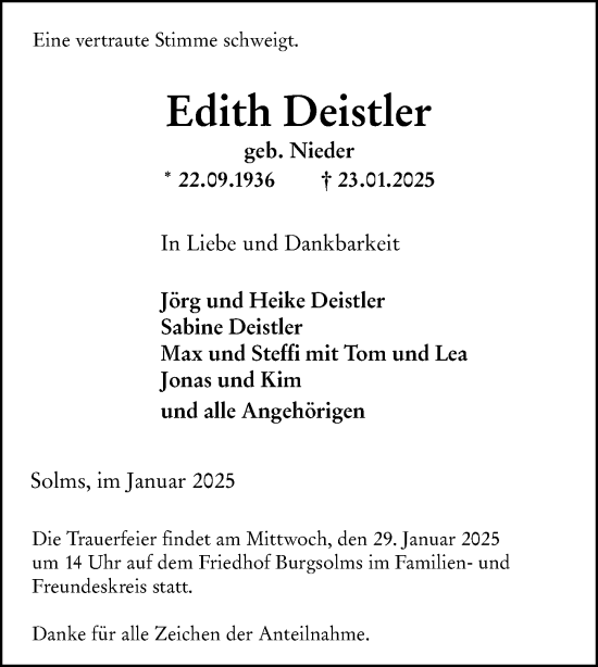 Traueranzeige von Edith Deistler von Wetzlarer Neue Zeitung