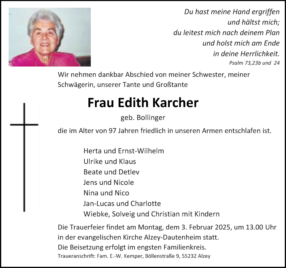  Traueranzeige für Edith Karcher vom 25.01.2025 aus Allgemeine Zeitung Alzey