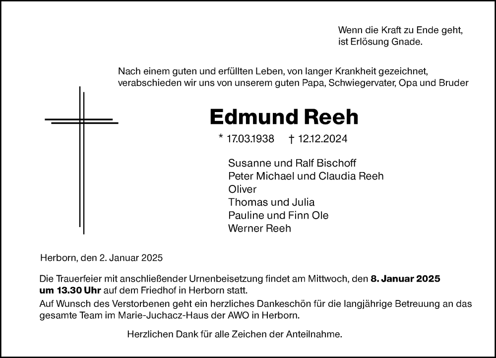  Traueranzeige für Edmund Reeh vom 02.01.2025 aus Dill Block
