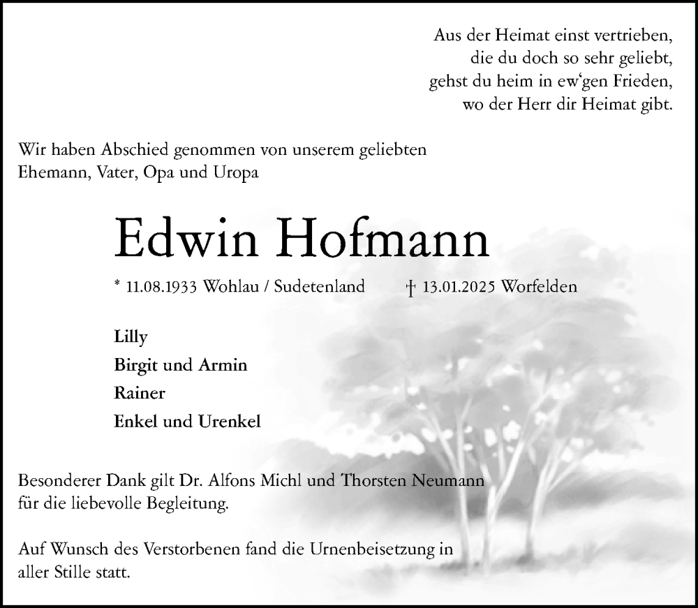  Traueranzeige für Edwin Hofmann vom 25.01.2025 aus Groß-Gerauer Echo