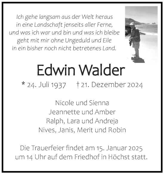 Traueranzeige von Edwin Walder von Odenwälder Echo