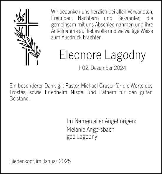 Traueranzeige von Eleonore Lagodny von Hinterländer Anzeiger