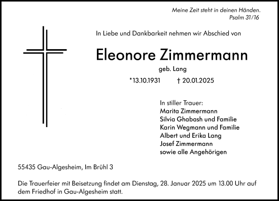 Traueranzeige von Eleonore Zimmermann von Allgemeine Zeitung Rheinhessen-Nahe