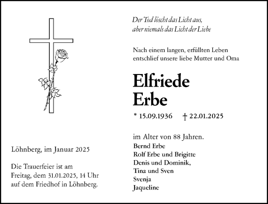 Traueranzeige von Elfriede Erbe von Weilburger Tageblatt