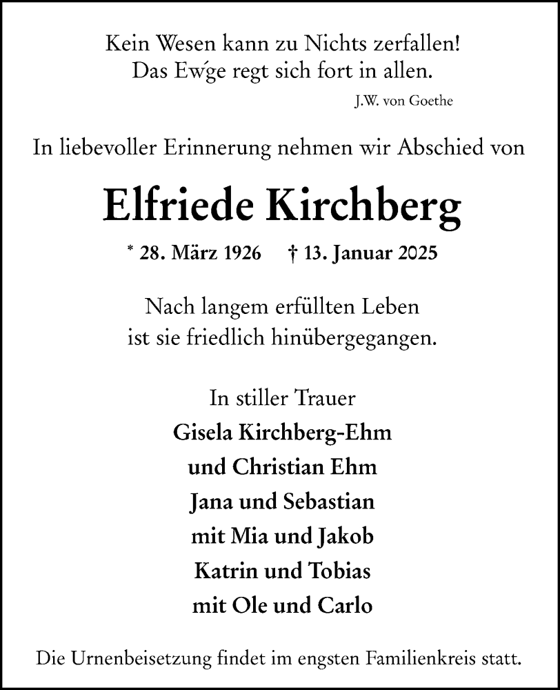  Traueranzeige für Elfriede Kirchberg vom 25.01.2025 aus Darmstädter Echo