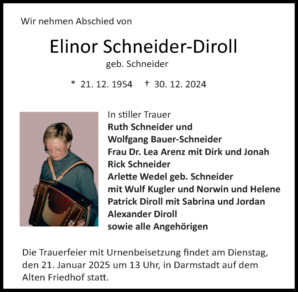  Traueranzeige für Elinor Schneider-Diroll vom 11.01.2025 aus Darmstädter Echo