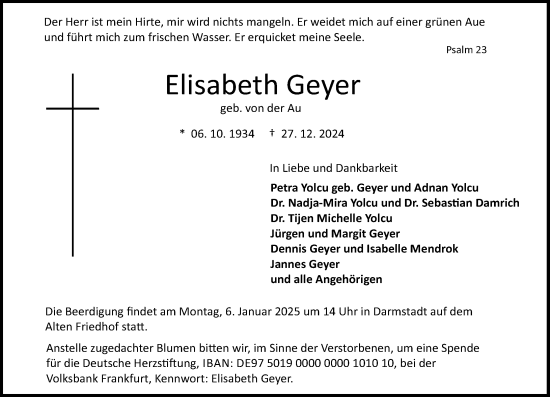 Traueranzeige von Elisabeth Geyer von Darmstädter Echo