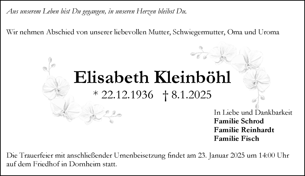  Traueranzeige für Elisabeth Kleinböhl vom 18.01.2025 aus Groß-Gerauer Echo