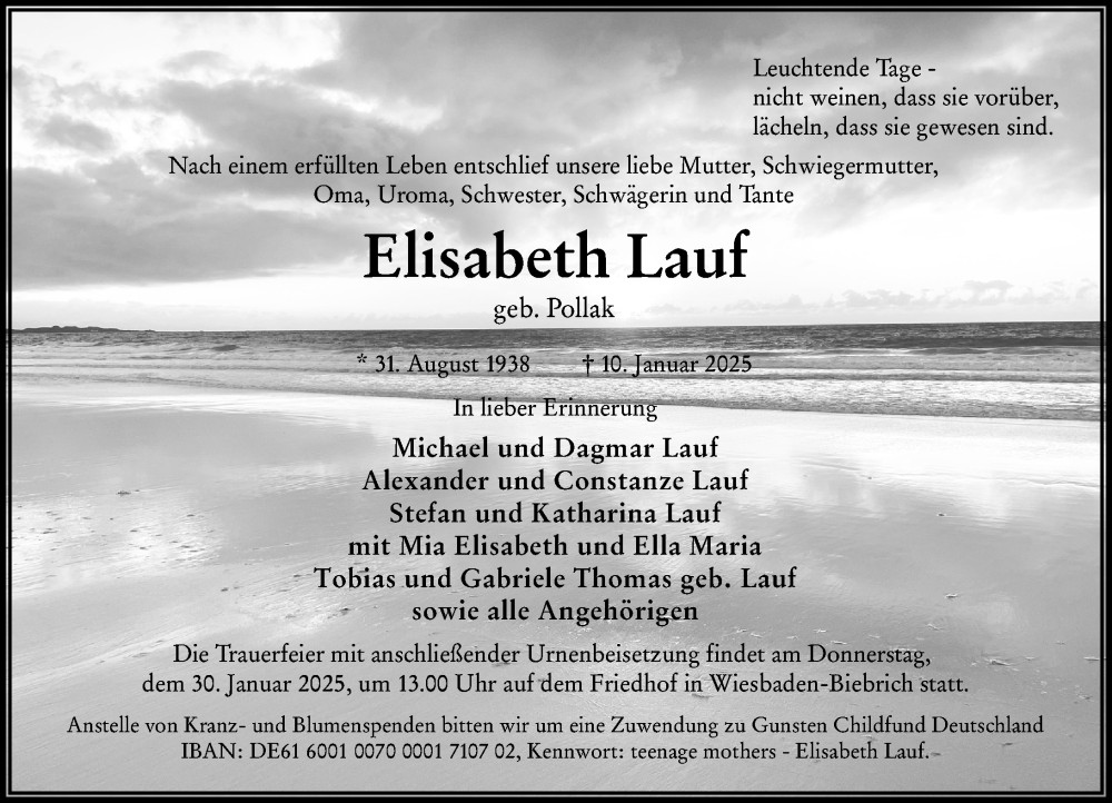  Traueranzeige für Elisabeth Lauf vom 25.01.2025 aus Wiesbadener Kurier