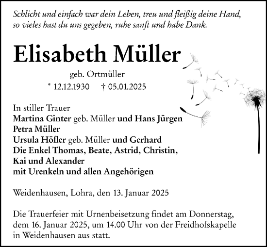 Traueranzeige von Elisabeth Müller von Hinterländer Anzeiger
