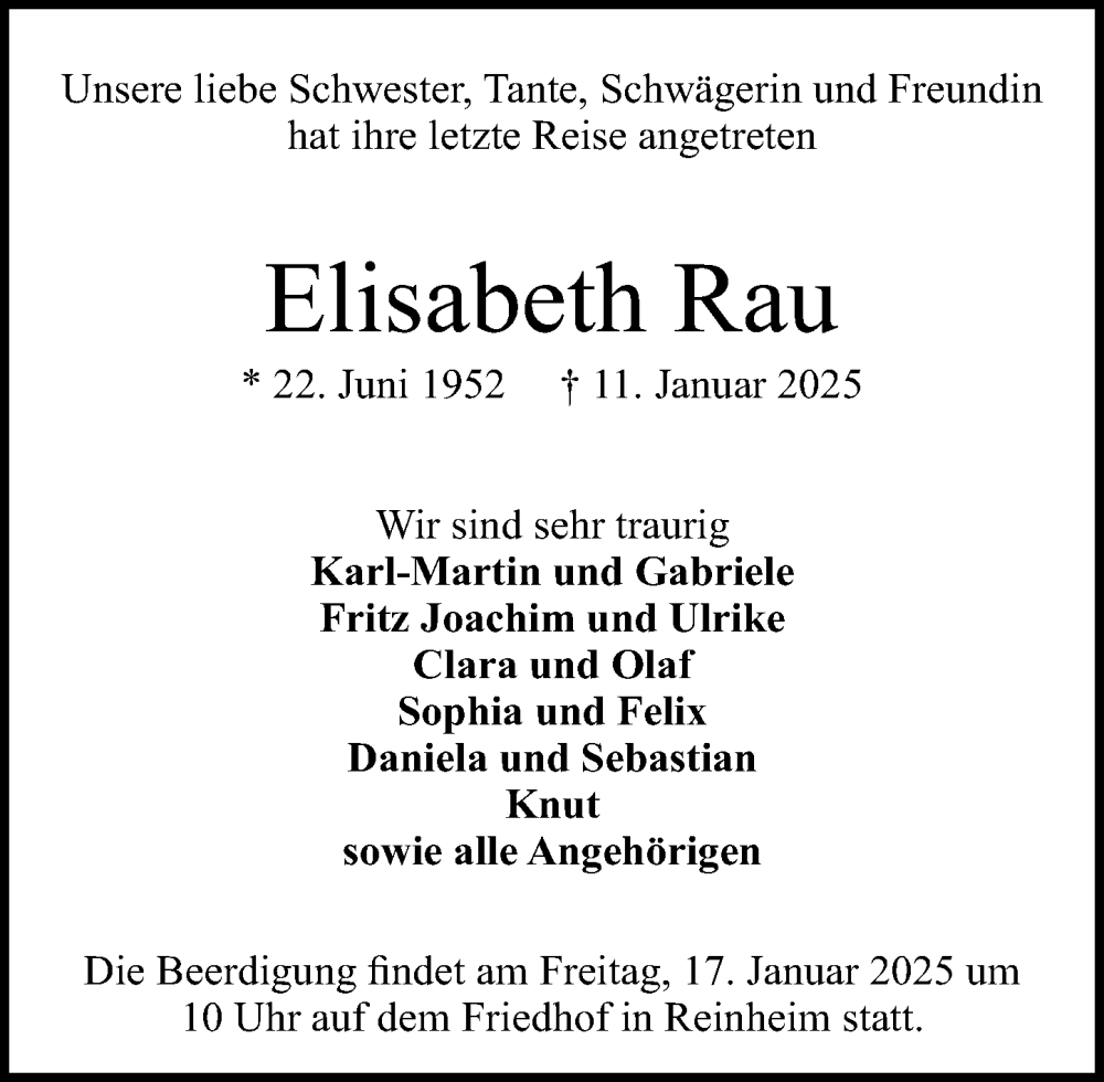  Traueranzeige für Elisabeth Rau vom 15.01.2025 aus Darmstädter Echo