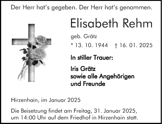Traueranzeige von Elisabeth Rehm von Dill Block
