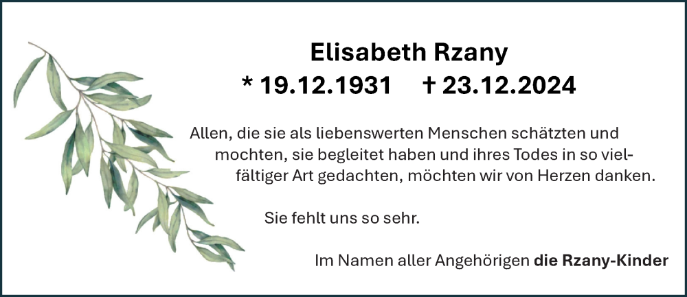  Traueranzeige für Elisabeth Rzany vom 17.01.2025 aus Hochheimer Zeitung