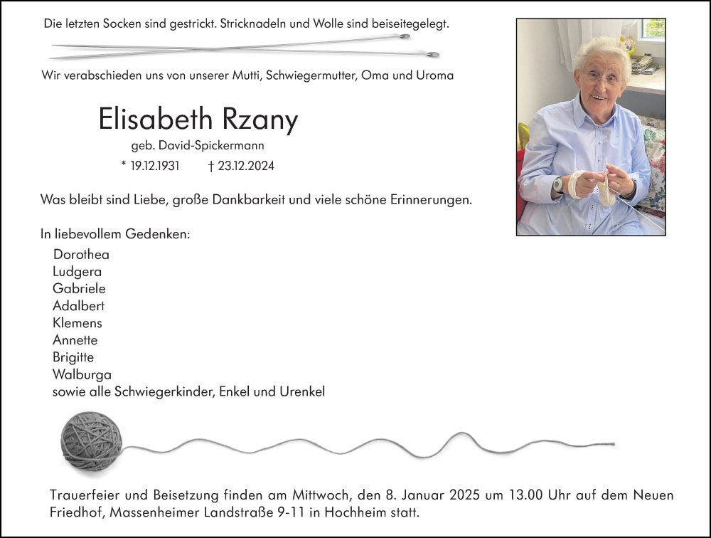  Traueranzeige für Elisabeth Rzany vom 03.01.2025 aus Hochheimer Zeitung