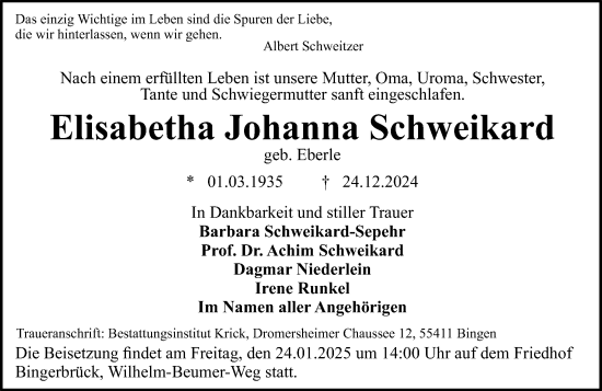 Traueranzeige von Elisabetha Johanna Schweikard von Allgemeine Zeitung Rheinhessen-Nahe