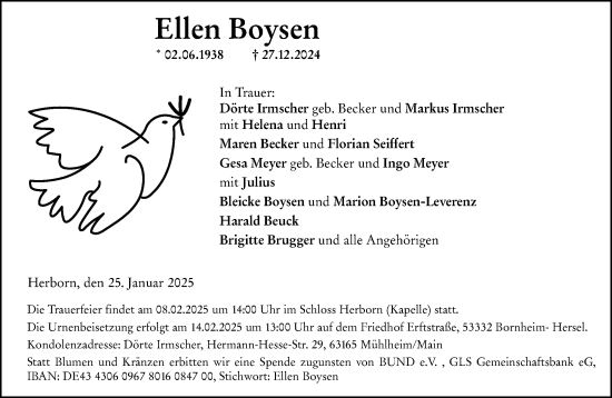 Traueranzeige von Ellen Boysen von Dill Block