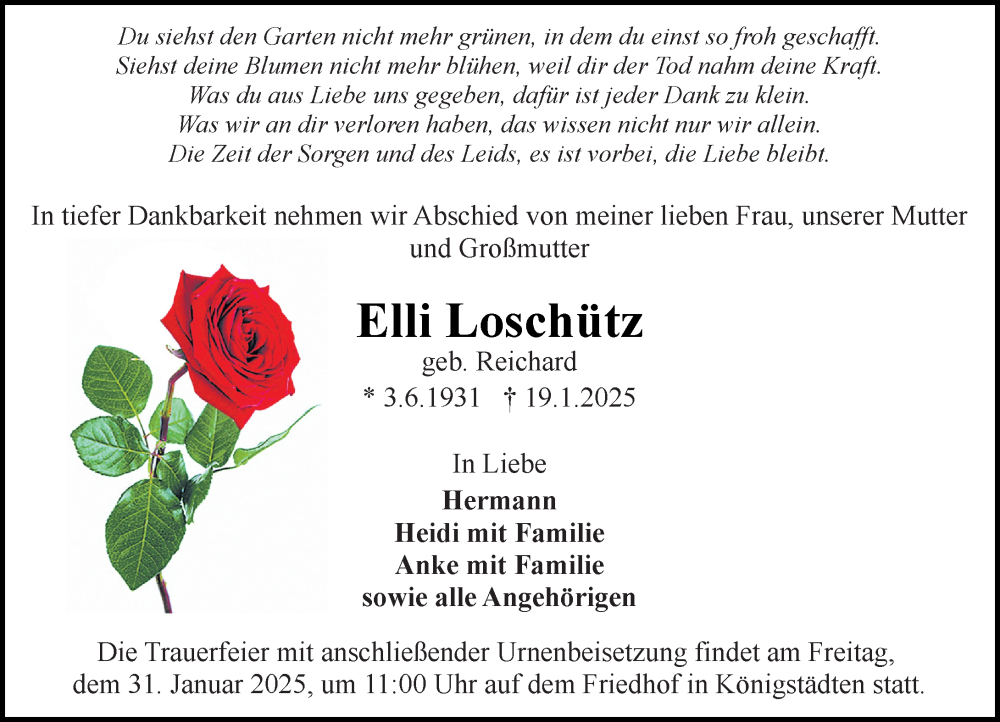  Traueranzeige für Elli Loschütz vom 25.01.2025 aus Rüsselsheimer Echo