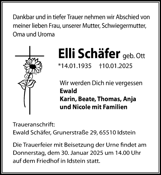 Traueranzeige von Elli Schäfer von Idsteiner Land/Untertaunus