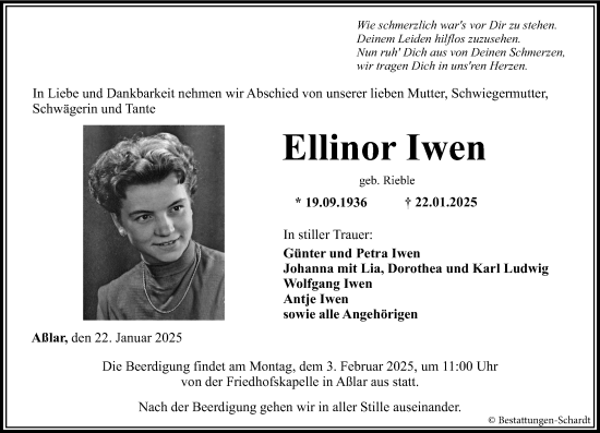 Traueranzeige von Ellinor Iwen von Wetzlarer Neue Zeitung