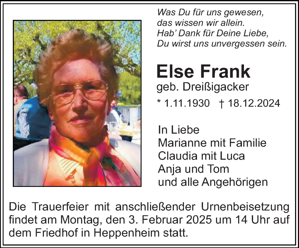  Traueranzeige für Else Frank vom 25.01.2025 aus Starkenburger Echo