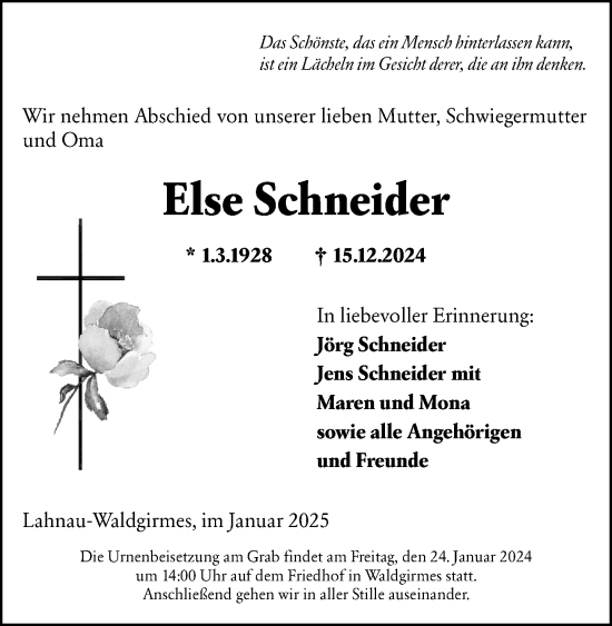 Traueranzeige von Else Schneider von Wetzlarer Neue Zeitung