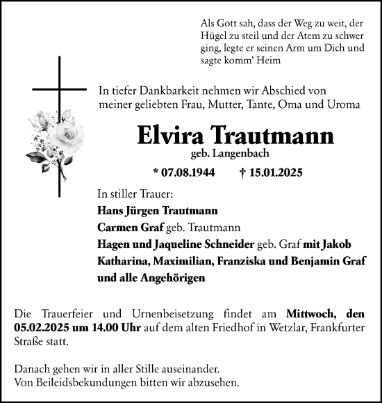 Traueranzeige von Elvira Trautmann von Wetzlarer Neue Zeitung