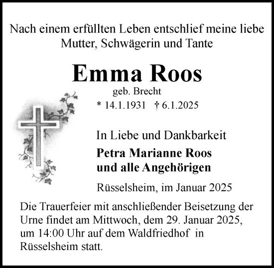 Traueranzeige von Emma Roos von Rüsselsheimer Echo
