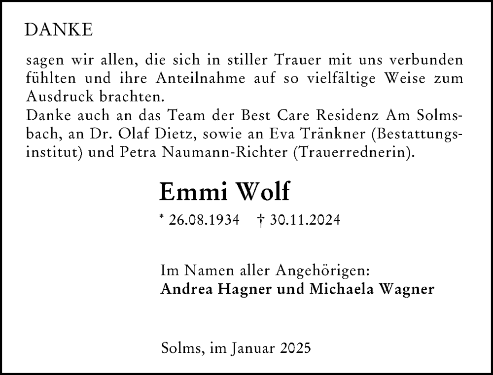  Traueranzeige für Emmi Wolf vom 16.01.2025 aus Wetzlarer Neue Zeitung