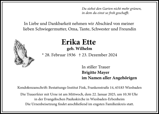 Traueranzeige von Erika Ette von Wiesbadener Kurier