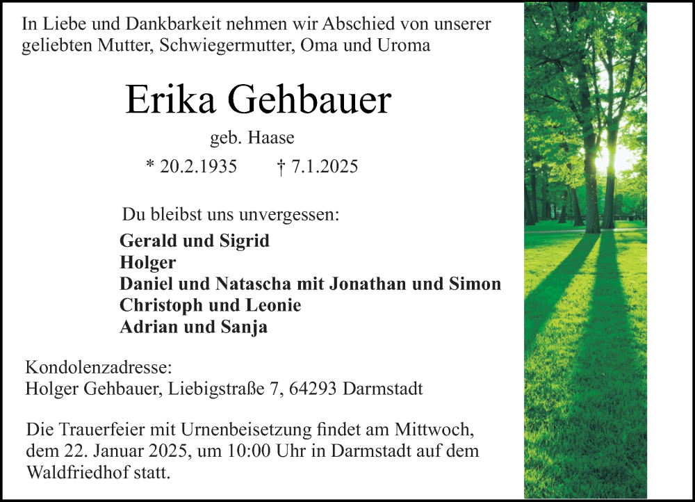  Traueranzeige für Erika Gehbauer vom 11.01.2025 aus Darmstädter Echo