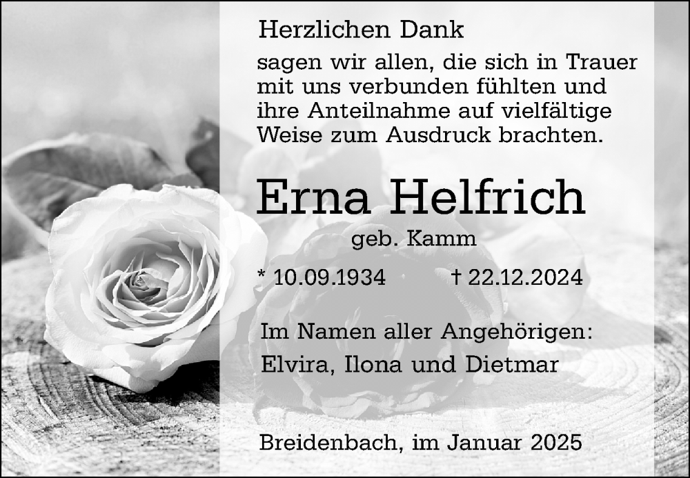  Traueranzeige für Erna Helfrich vom 31.01.2025 aus Hinterländer Anzeiger