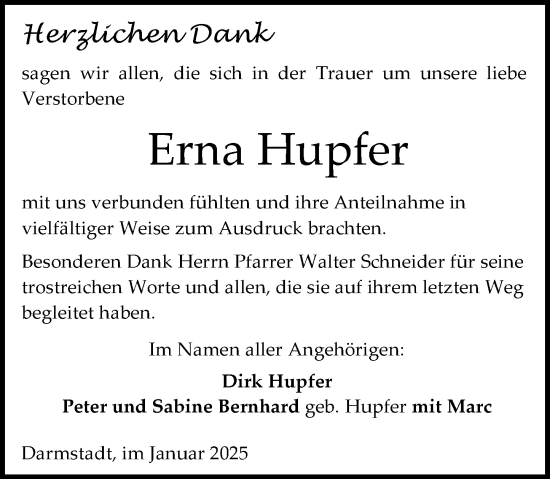 Traueranzeige von Erna Hupfer von Darmstädter Echo