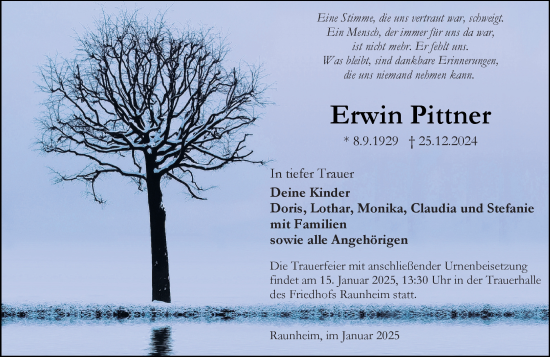 Traueranzeige von Erwin Pittner von Rüsselsheimer Echo
