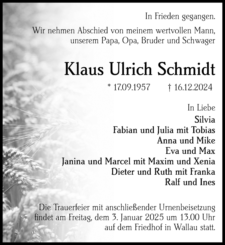  Traueranzeige für Klaus Ulrich Schmidt vom 02.01.2025 aus 